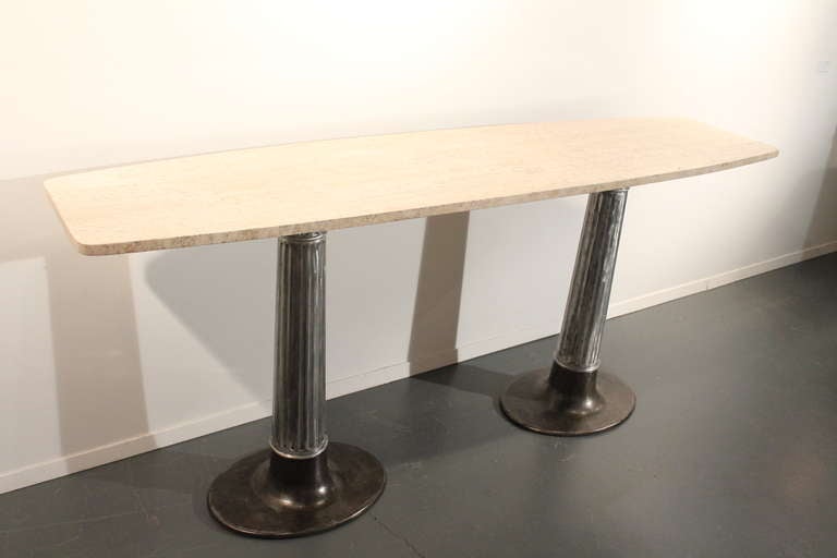 Iron Column Based Travertine Marble Topped Console Table