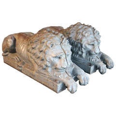Antique Pair of 19th Century Cast Iron Recumbent Lions