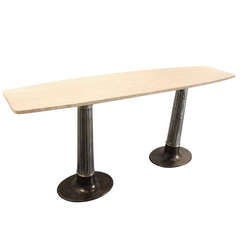 Iron Column Based Travertine Marble Topped Console Table