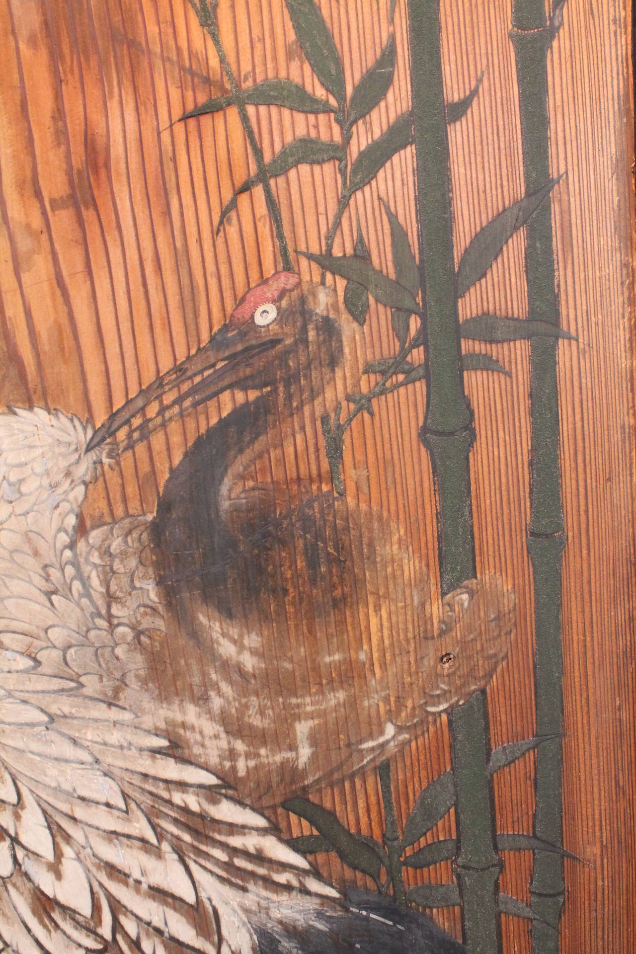 Meiji Period Japanese Crane Painted Door Panel In Good Condition For Sale In 3 Oaks, MI