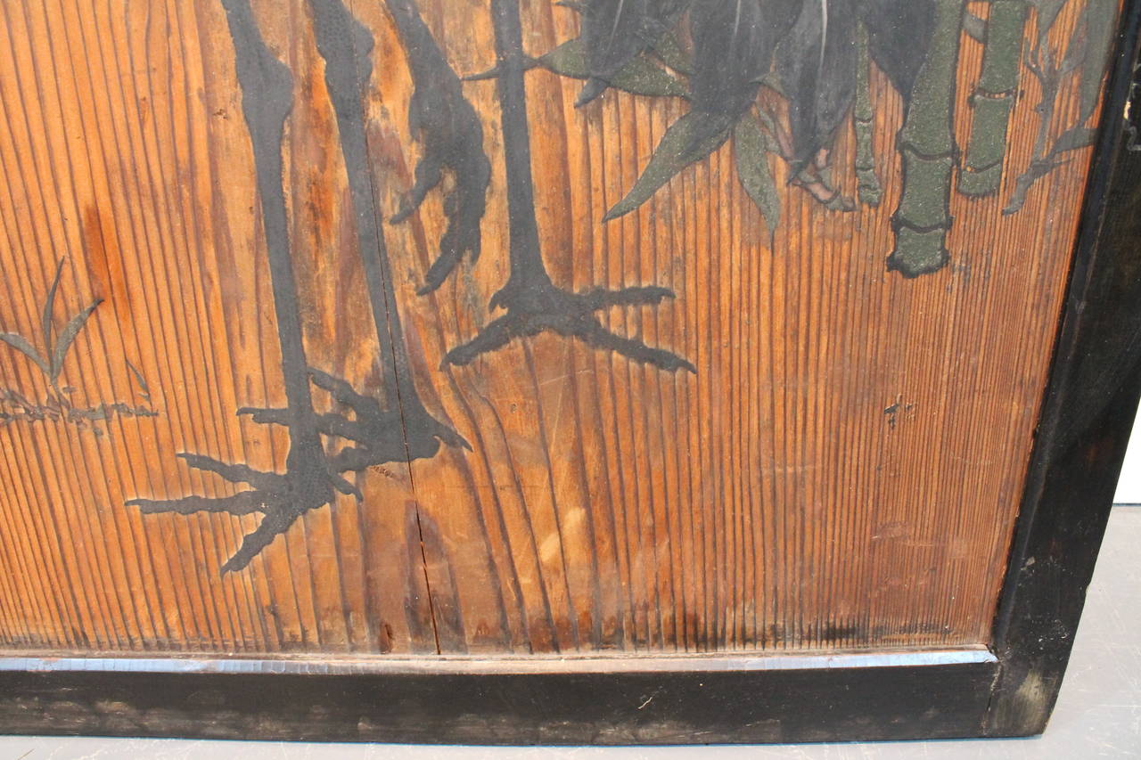 Meiji Period Japanese Crane Painted Door Panel For Sale 4
