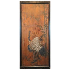 Meiji Period Japanese Crane Painted Door Panel