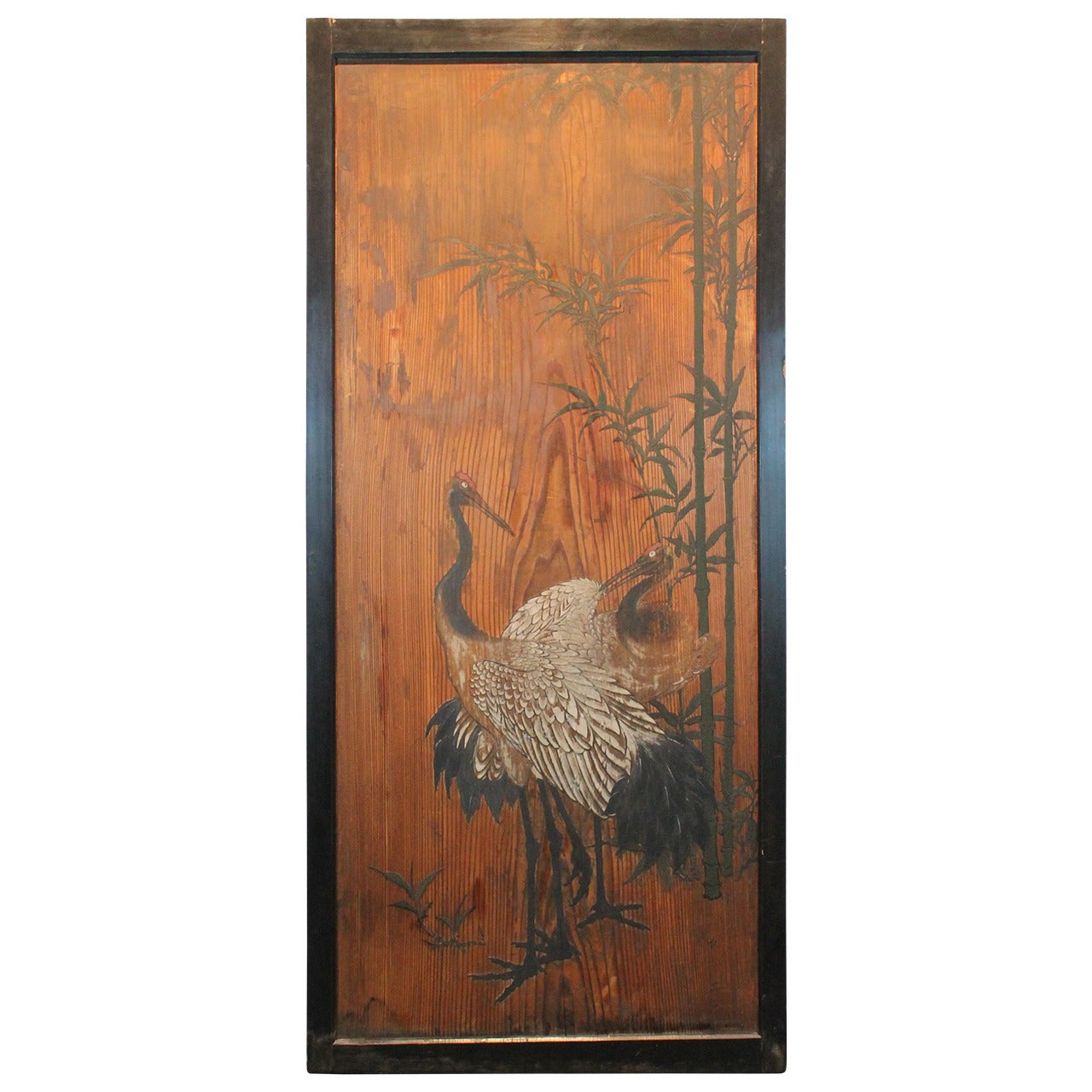 Meiji Period Japanese Crane Painted Door Panel For Sale