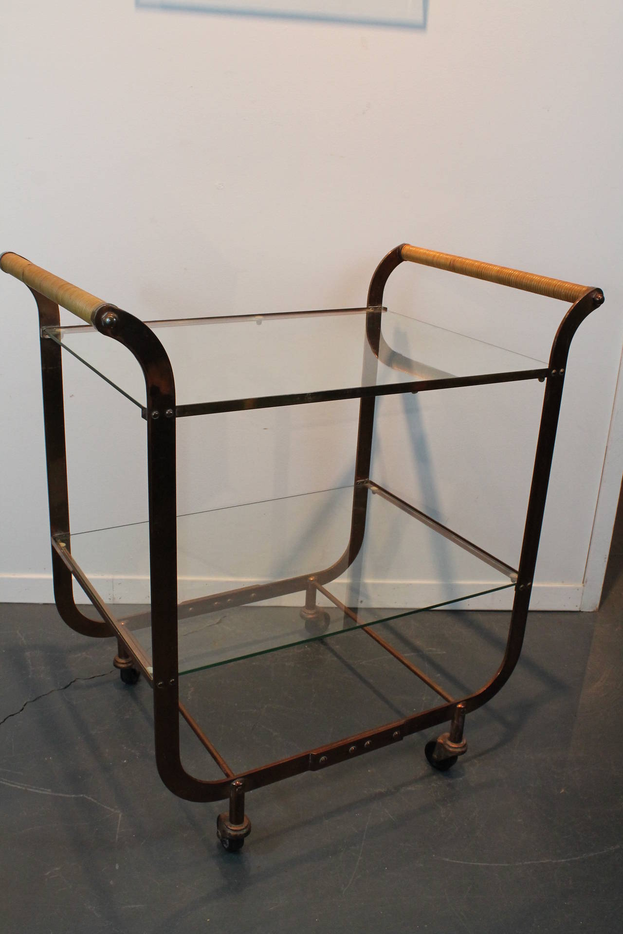 Copper Art Deco 2 Tiered Bar Cart In Excellent Condition In 3 Oaks, MI
