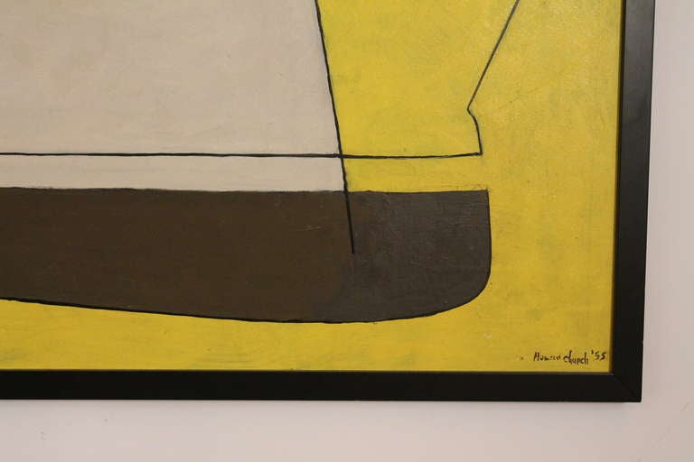 Strong graphic presence in this minimalist oil on board by listed American artist Howard Church.  Signed 1955.