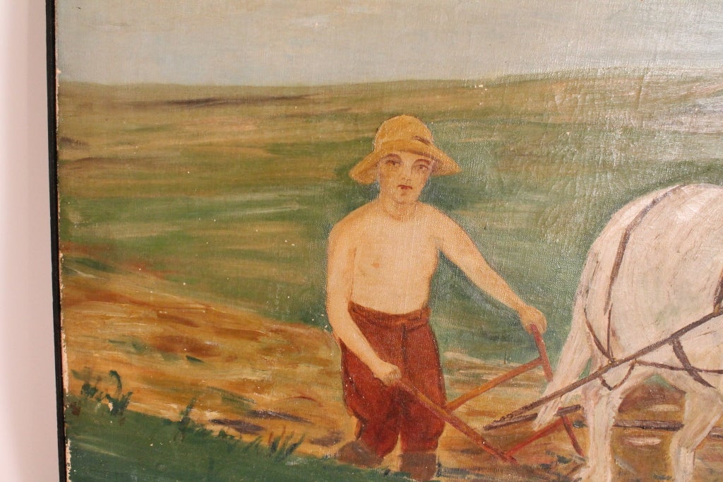1933 Folk Painting of Man Plowing the Fields