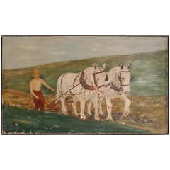 1933 Folk Painting of Man Plowing the Fields