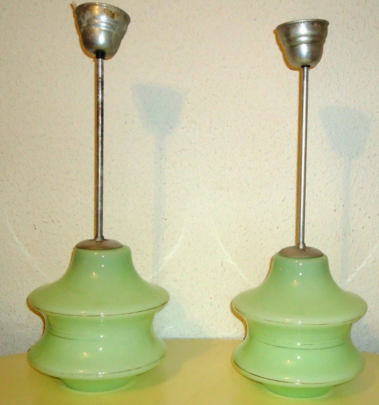 Pair of Italian Milk Green Glass Midcentury Modern Pendants