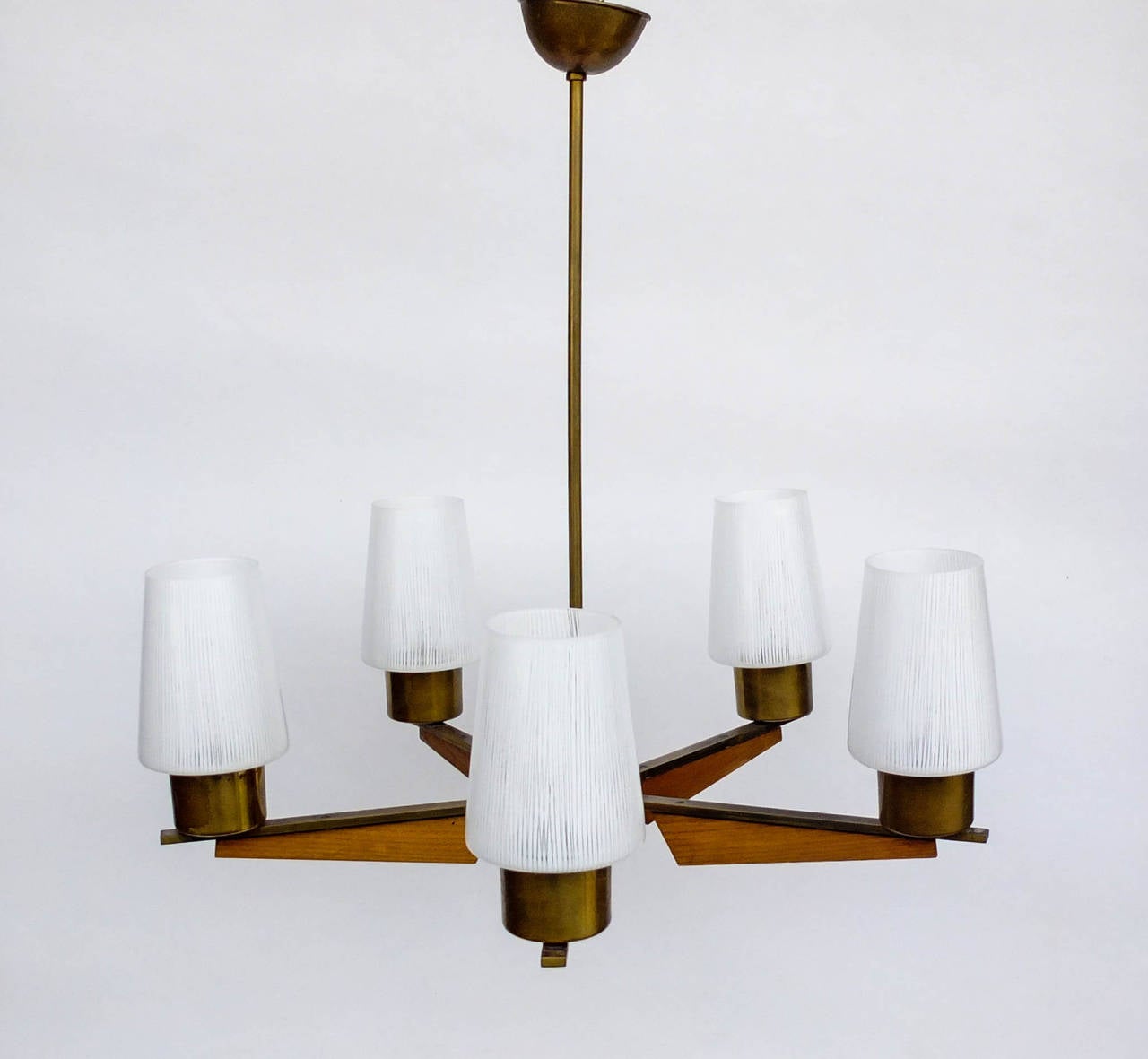 Mid Century Ceiling Lamp / Five Arm Chandelier / Danish Teak Style Pendant Light