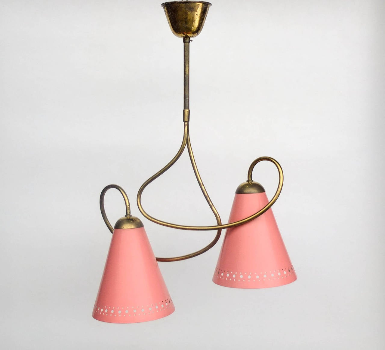 Mid Century Italian Ceiling Lamp / Stilnovo Style Chandelier / Brass / Pink