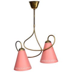 Mid Century Italian Ceiling Lamp / Stilnovo Style Chandelier / Brass / Pink