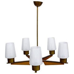 Mid Century Ceiling Lamp / Five Arm Chandelier / Danish Teak Style Pendant Light