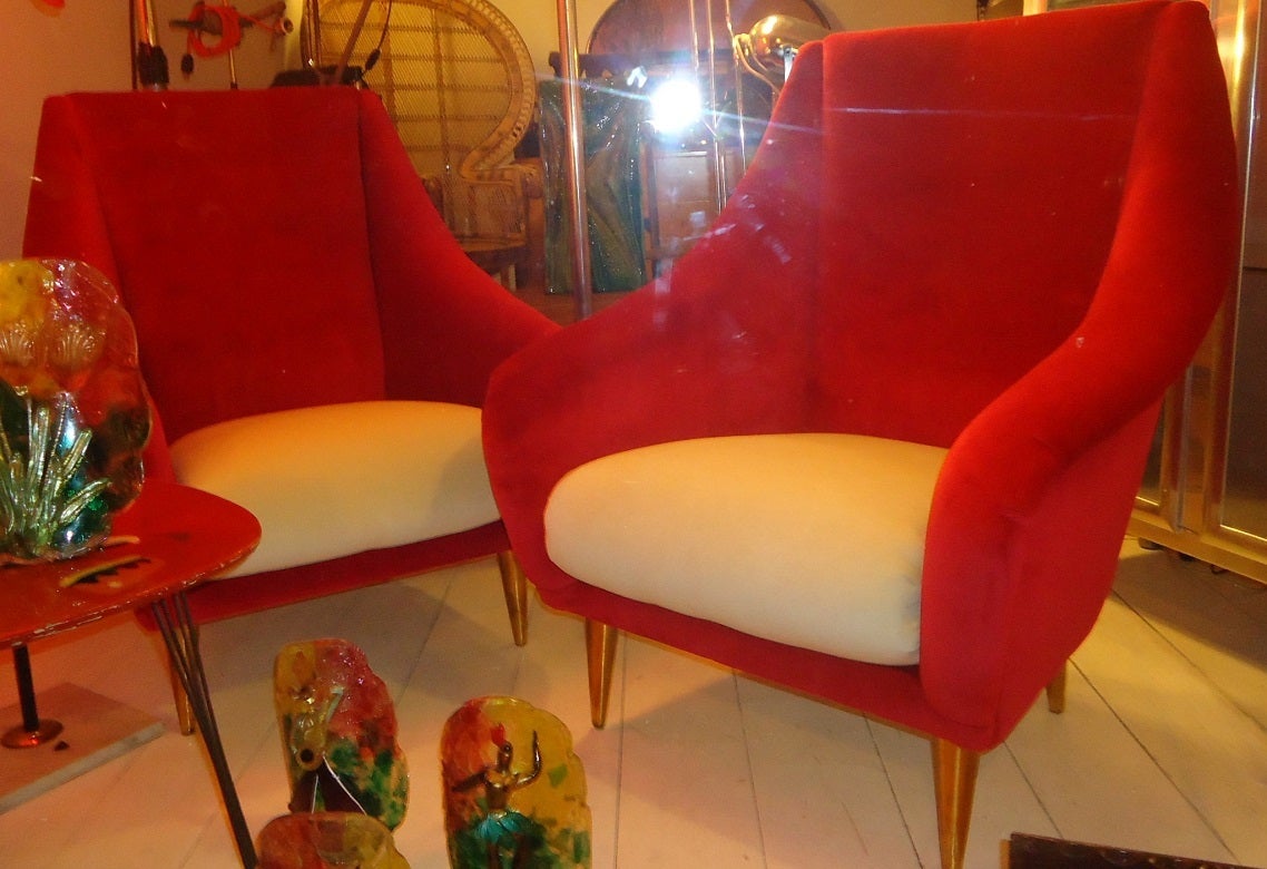 Fabulous Pair of Gio Ponti Style  Italian Armchairs with Brass Feet