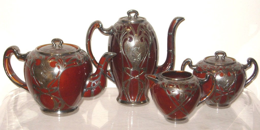 Art Nouveau  1920 th Ceramic with silver inlay tea coffee set