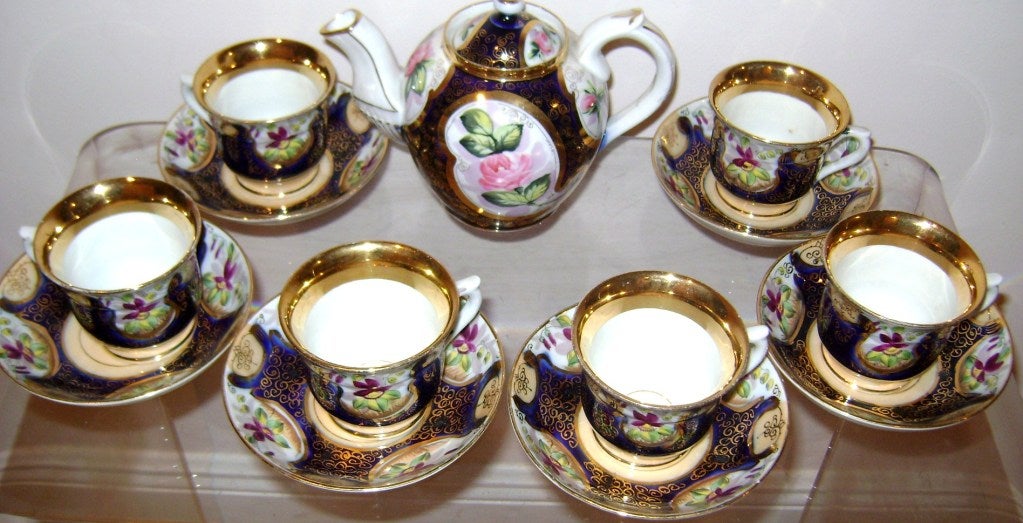 Belle Époque Antique 19 th c Russian Kuznetsov Porcelain Cobalt and Gold Tea Service For Sale