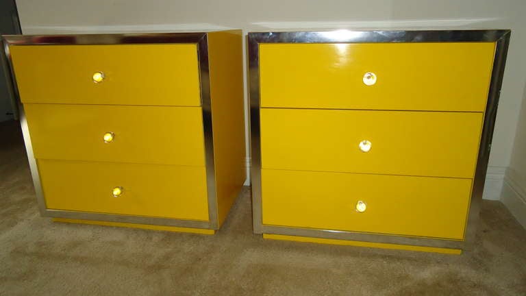 Stunning canary Yellow Pair of 3 drawers Commodes/ Nightstands with chrome accents and lucite handles, Grant and Sloan Miami.
