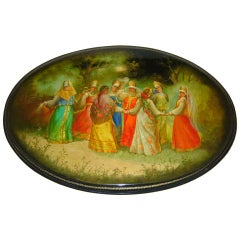 Superb Russian lacquer oval plaque, signed