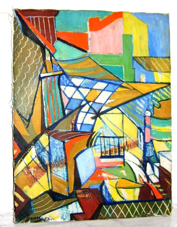 1950s Abstract Checz Futuristic Window View Painting