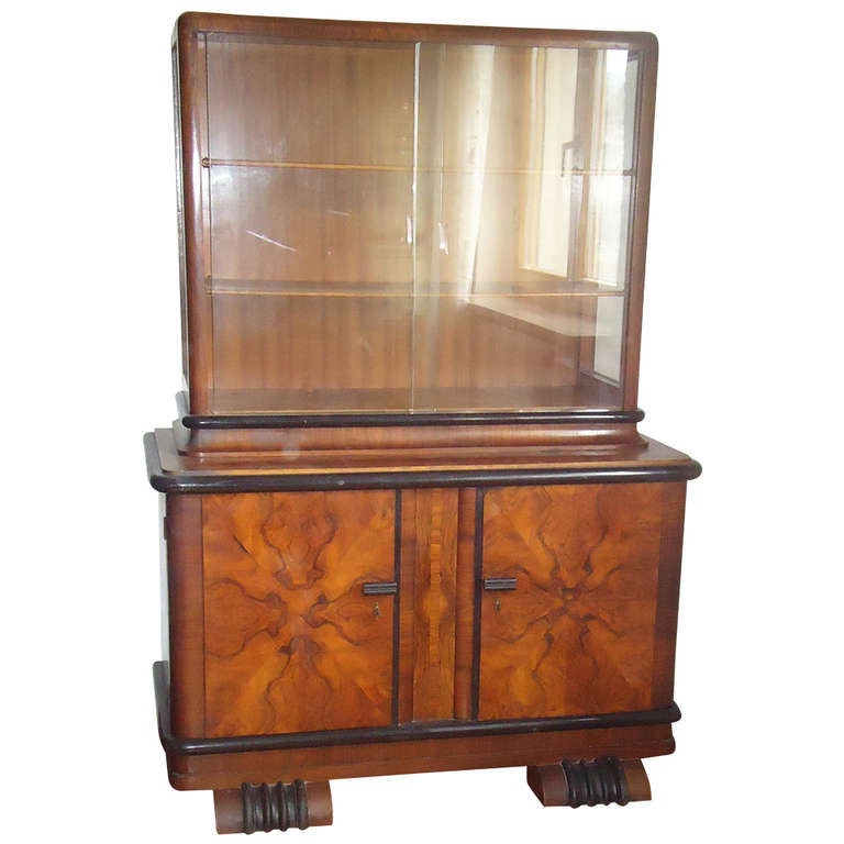 Art Deco 1920 Walnut veneer vitrine with ebonized details.