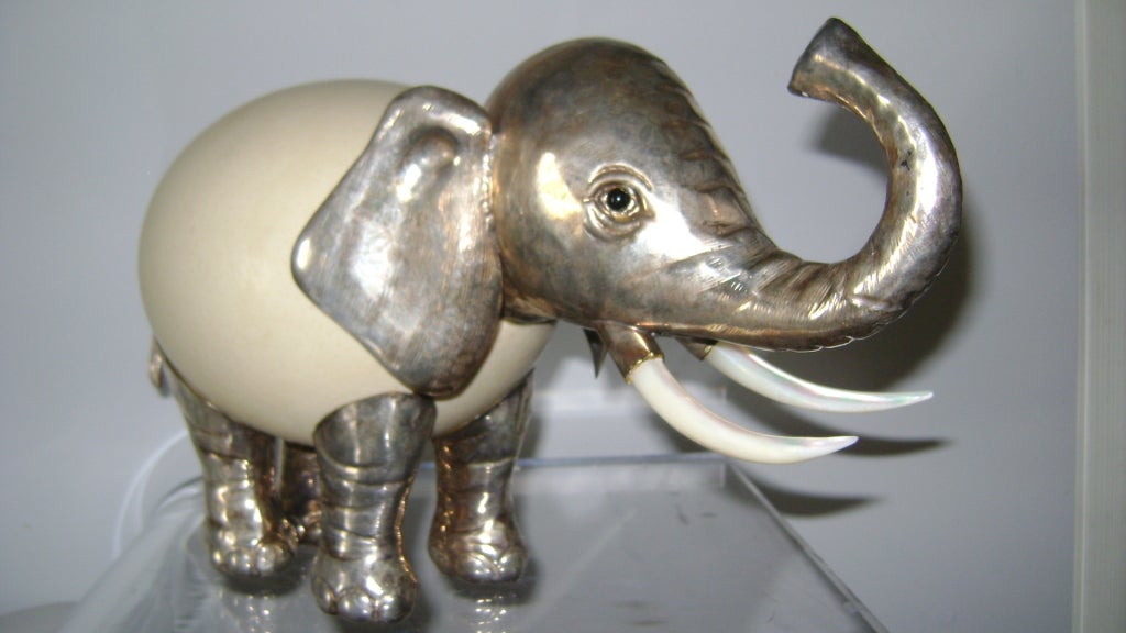 Anthony Redmile silver elephant - ostrich egg  with mother of pearl tusks.
