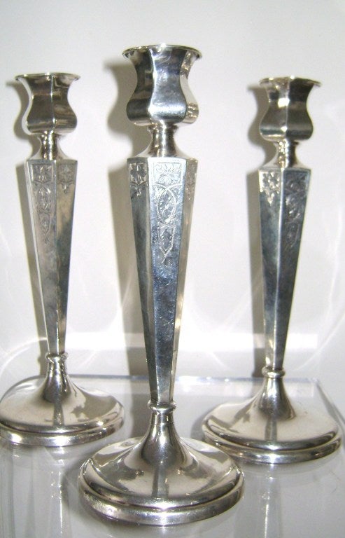 Set of 3 Elegant Art Nouveau Style Silver Candlesticks
