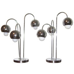 Pair of Lightolier Style 3 Lights Chrome Table Lamps Mid Century Modern