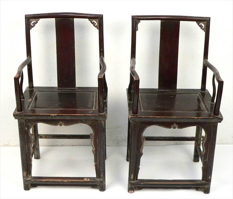 Slender and Graceful Beautiful Pair of Chinese Qing Dynasty  Black Lacquer Yoke Back Chairs.