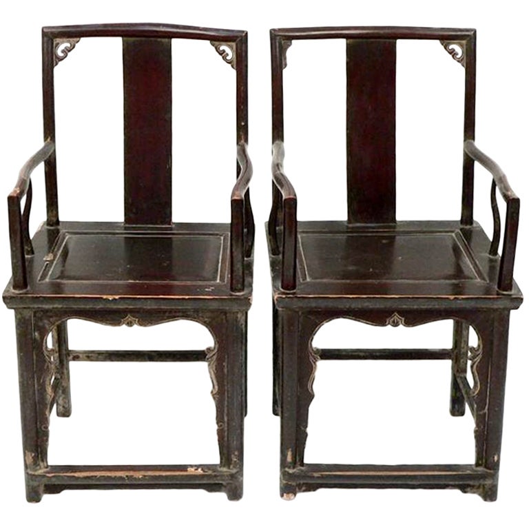 Pair of Chinese Qing Dynasty Yoke Back   Lacquer Chairs For Sale