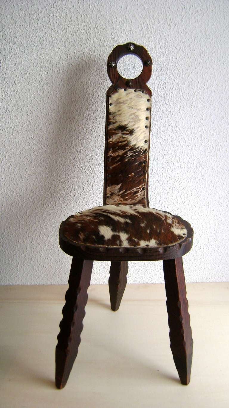 Austrian Arts and Crafts tripod chair with cowhide, handcrafted and interesting tripod design.