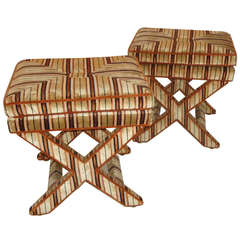 Pair of X-Feet Velour Stools Mid-Century Modern