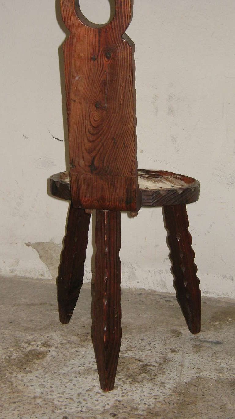 Cowhide Rustic European Austrian Art and Crafts Tripod Chair In Good Condition In Boca Raton, FL