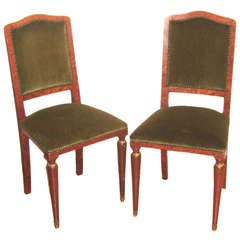 Gustavian Antique  19 th c Pair Dining Chairs in Olive Green Velvet