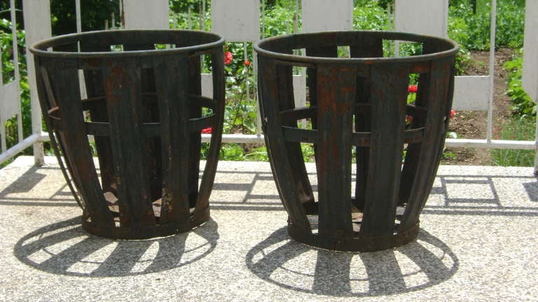 Folk Art Large Pair of Metal  Wastebaskets/ Flower Pots