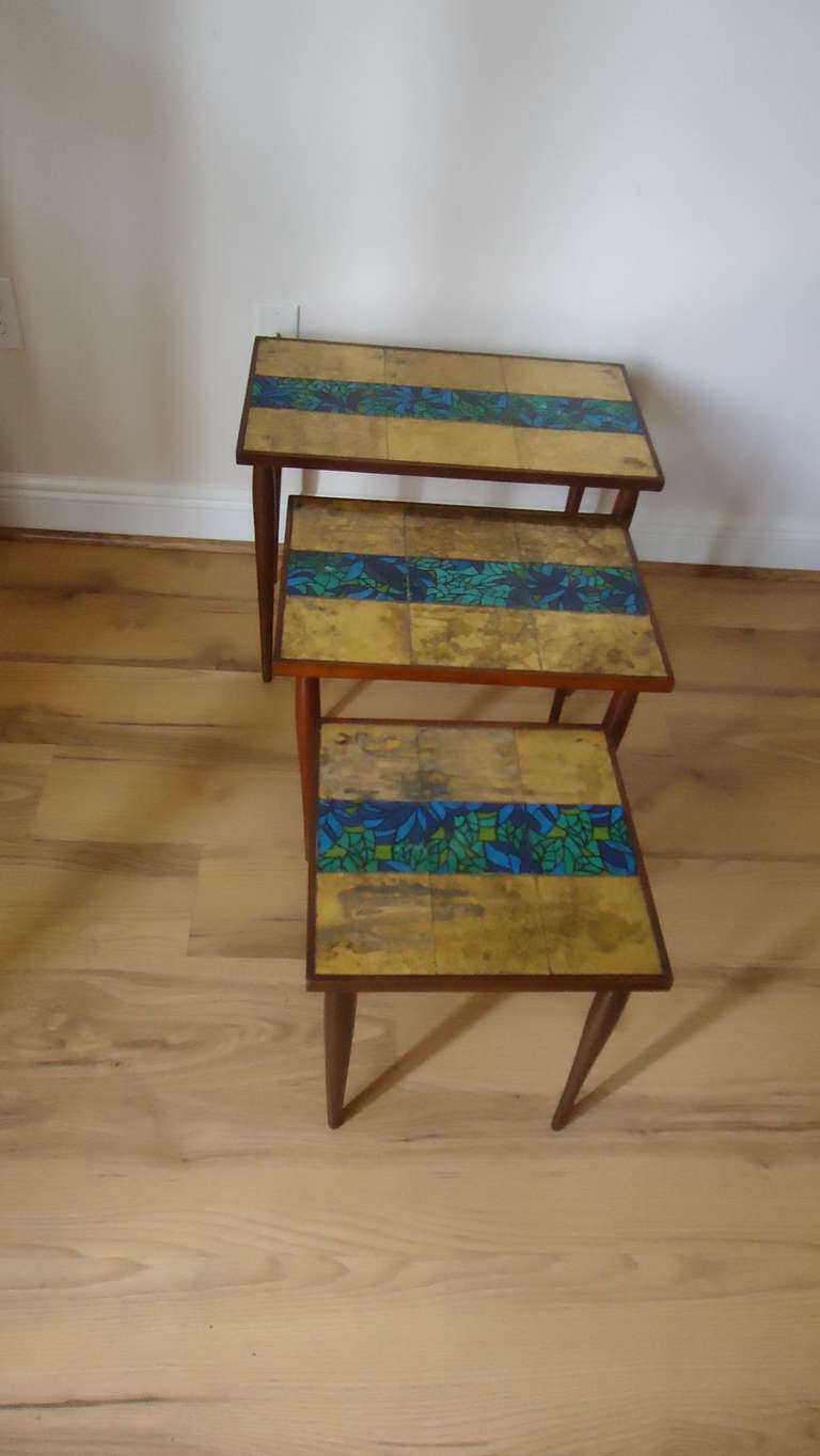 Three Mid Century Modern Stacking Tables With Glass Foil
