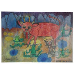 Yugoslavian Naive Mixed media Painting Cow on The Moon