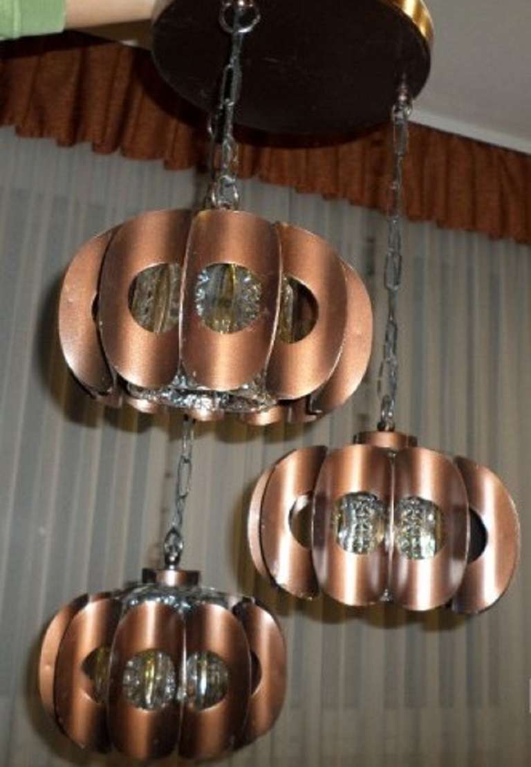 Brotalist Mid century Modern Brass Three Tier Pendant Chandelier
