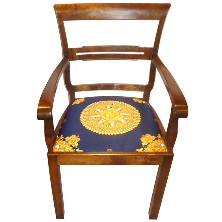 Art Deco  Fruitwood Armchair in Fornasetti Style  Fabric For Sale