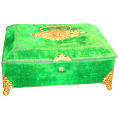 Antique Biedermeier Apple Green Velvet Box with Brass Decorations