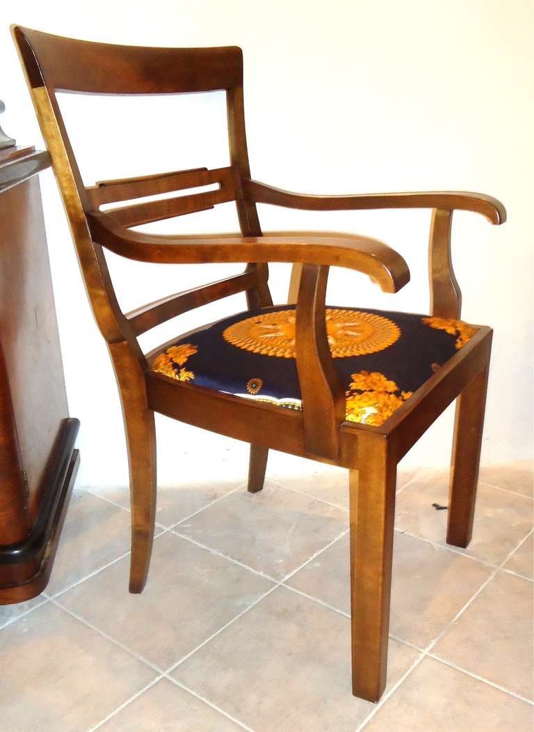 Austrian Art Deco  Fruitwood Armchair in Fornasetti Style  Fabric For Sale