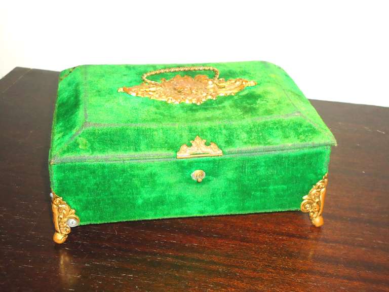 Biedermeier Apple Green Velvet Box with Brass Decorations