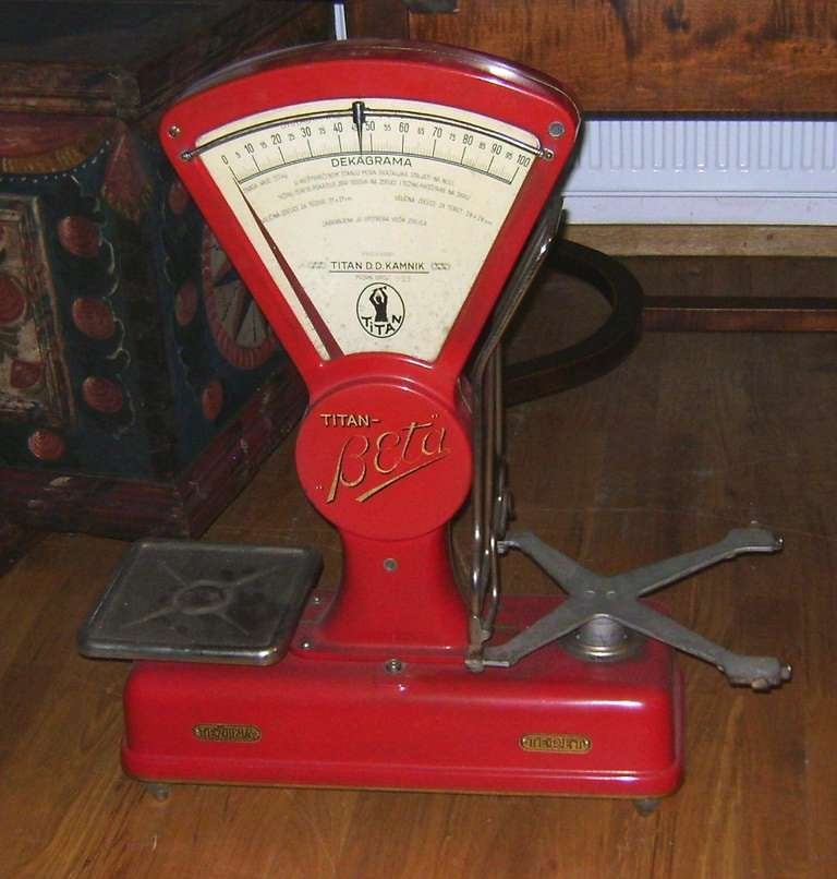 Mid Century Modern Weight Scale in Vivid Red