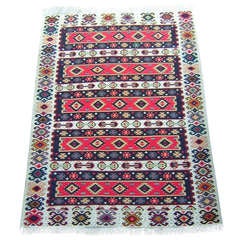 Large Antique  19 th c Balkan  Handwoven Multicolor Wool Kilim