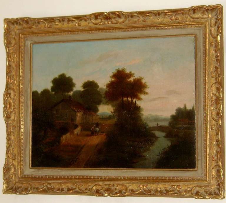 Early 19 th c romantic landscape oil on canvas, German School, not signed.Professionally restored. Original period frame