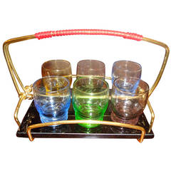 Set of Mid-Century Modern Six  Multicolor Glass Stoppers with Stand