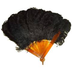 19 th c Antique Black Ostrich Fan w Evening bag and Pair of Gloves