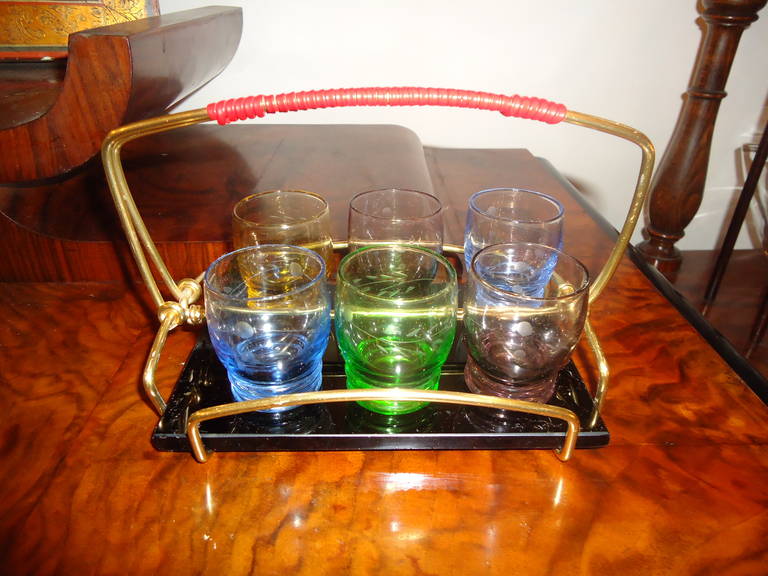 Set of Mid-Century Modern Six  Multicolor Glass Stoppers with Stand