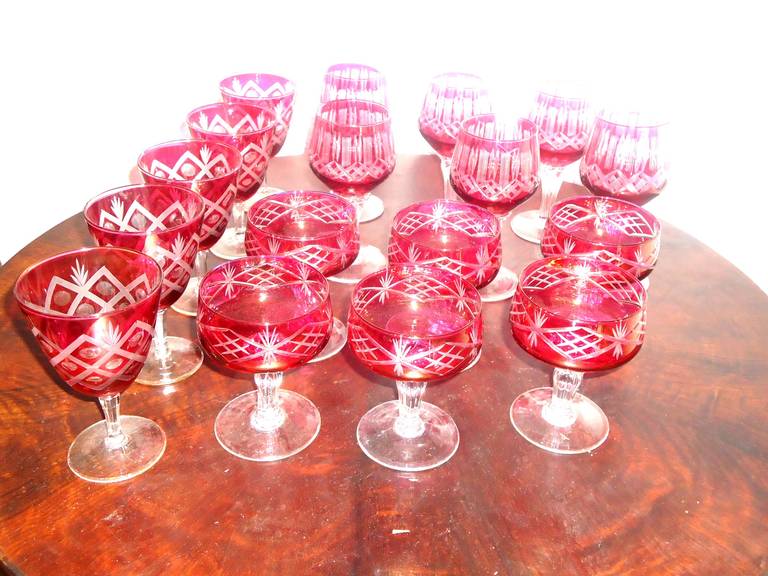 Seventeen Piece Bohemian, Cut Ruby Glass Goblets