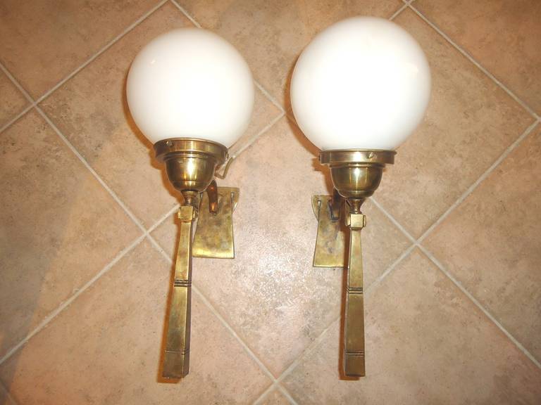 Pair of Vienna Secession Brass Ball Sconces