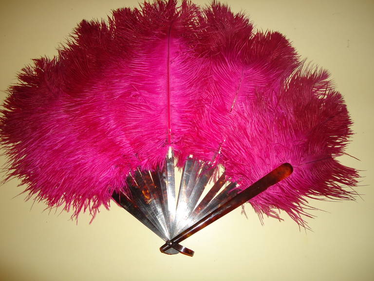 Art Deco Antique Fuchsia Pink Ostrich Feathers  Fan w a Seashell For Sale