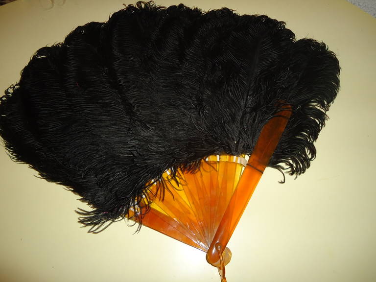 19 th c Antique Black Ostrich Fan w Evening bag and Pair of Gloves